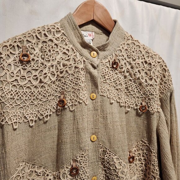 Vintage Lim's Women's OS Fits All Tan Blouse Crochet Lace Button Down Cotton USA - Picture 2 of 11